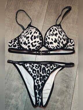 Victoria's Secret Malibu Fabulous Logo Classic Leopard Print Push Up Bikini Set.